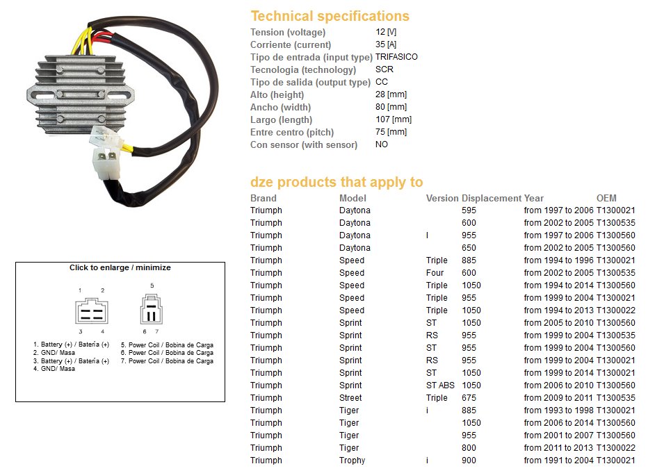 DZE Regulator napięcia Triumph Daytona 600/650, Daytona 955I, Sprint 955RS/ST, Sprint 1050, Street Triple 675, Tiger 955, Tiger 1050 (T1300560, T1300535) (ESR535) | 2493-01