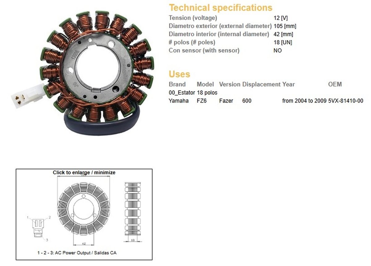Uzwojenie alternatora (stator) Yamaha FZ6 Fazer DZE | 13006-01