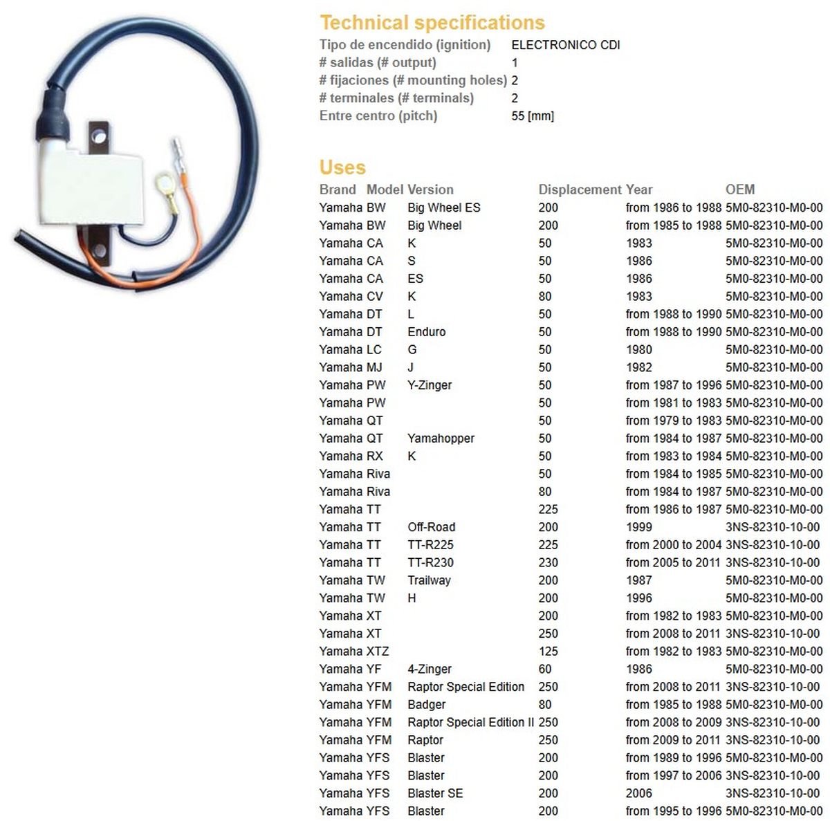 Cewka zapłonowa Yamaha PW50, DT50, TT200/225/230, TW200, XT200/250, YFM250 RAPTOR, YFS200 BLASTER DZE | 4021-01
