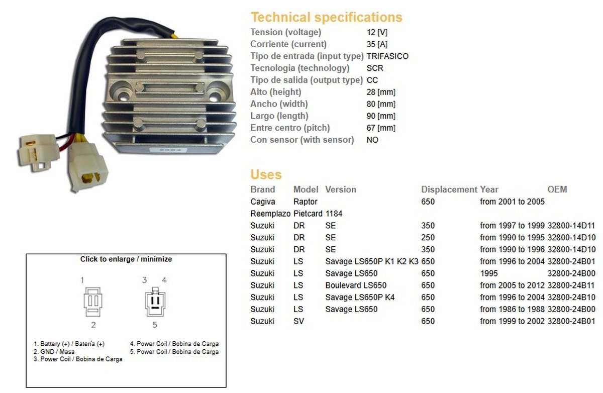 Dze Regulator Napięcia Suzuki DR 250SE, DR 350SE, LS 650 Savage, SV 650 Cagiva 650 Raptor (35A) (ESR123) | 2384-01