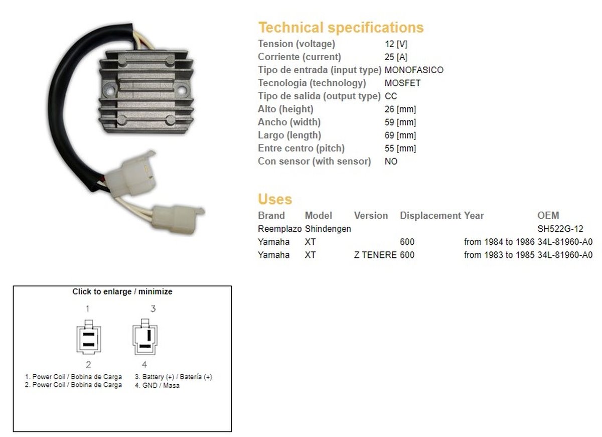 DZE Regulator napięcia Yamaha XT 600Z Tenere (34L-81960-A0) (SH522G-12) | 2485-01