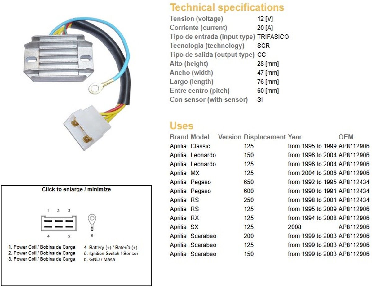 DZE Regulator napięcia Aprilia Pegaso 600/650, RS 125/250, RX 125, Leonardo, Scarabeo (ESR087) | 2459-01