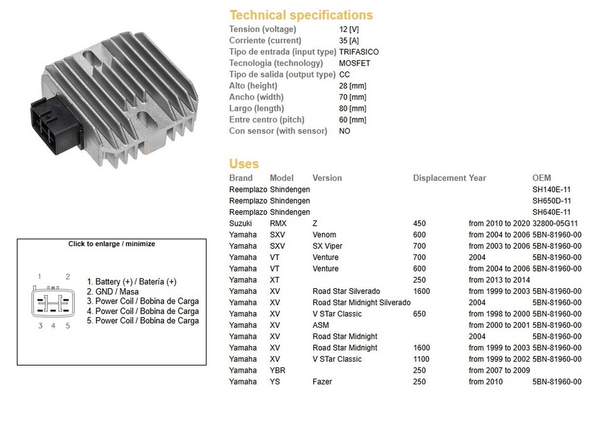 Dze Regulator Napięcia Yamaha XT 250, YBR 250, XV 650 Drag Star, XV 1600 Road Star (35A) (RGU-210) | 2363-01