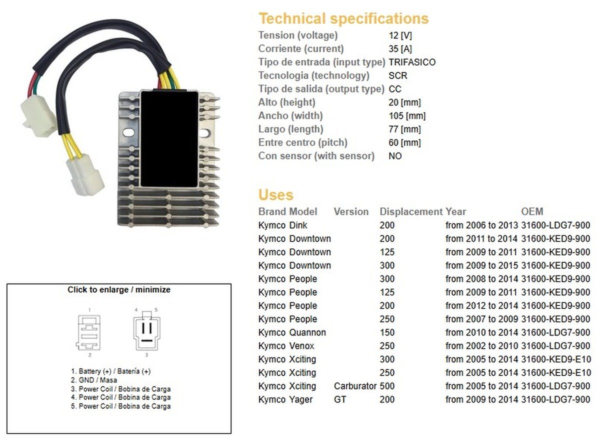 DZE Regulator napięcia Kymco XCTING 250/500, Dink 200, People 125/200/250 (ESR921) | 2545-01