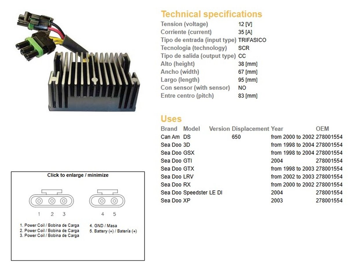 Regulator napięcia Can-Am DS 650, SEA DOO 3D/GSX/GTX/RX/XP/LRV OEM 278001554 35A DZE | 10148-01