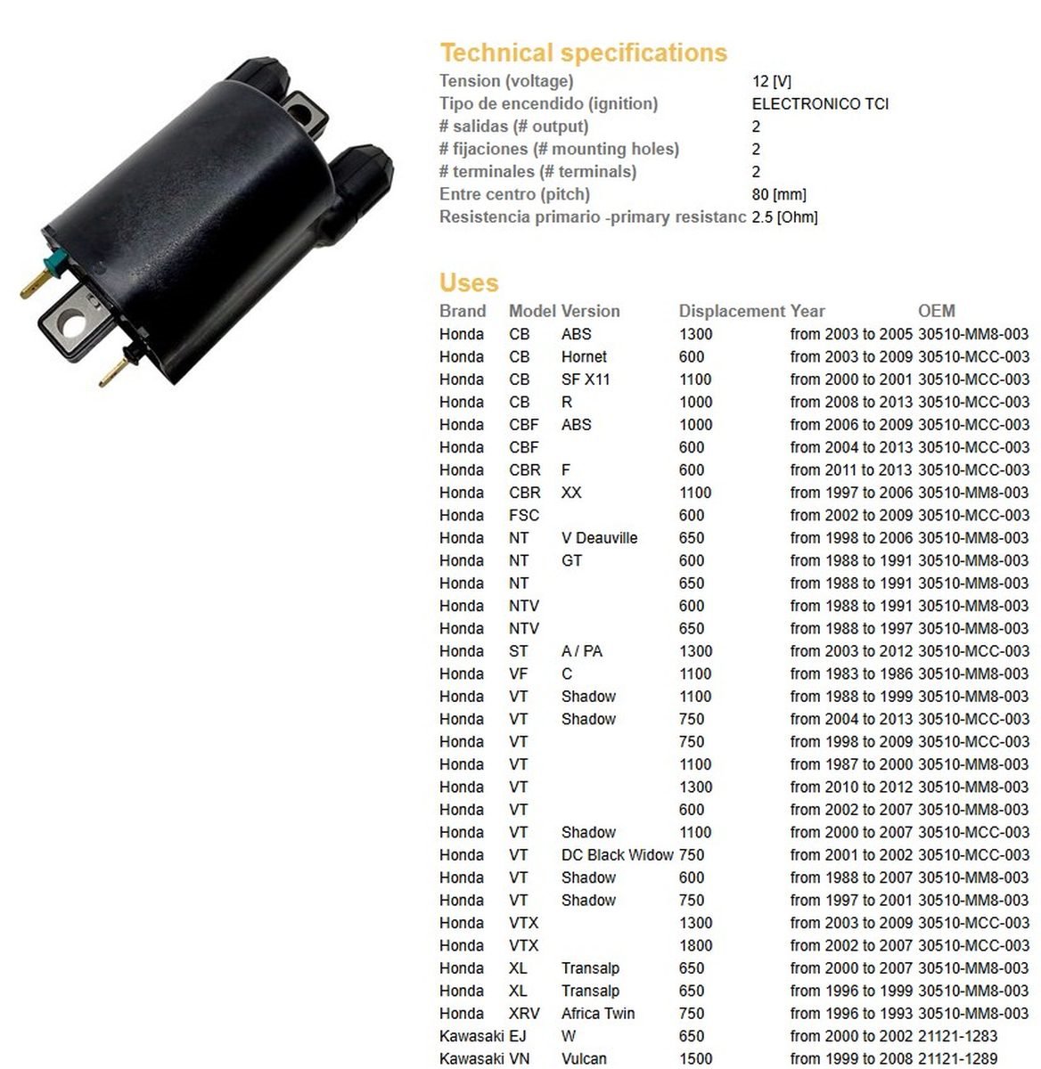 Cewka zapłonowa Honda CB/CBR/CBF/NT/ST/VT / VTX/XL/XRV, Kawasaki VN/ZN/ZX/ZXR/ZZ-R DZE | 4060-01