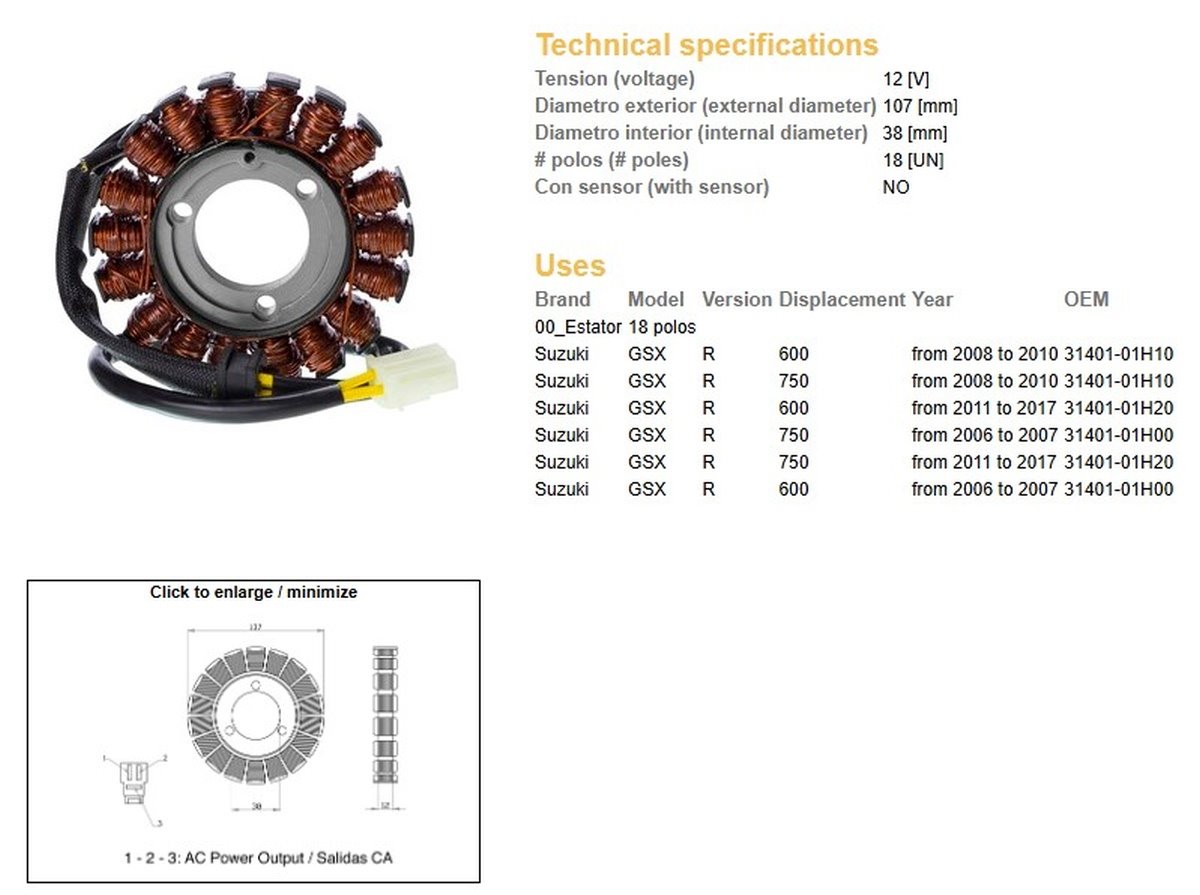 Uzwojenie alternatora (stator) Suzuki GSX 600R, 750R DZE | 13008-01