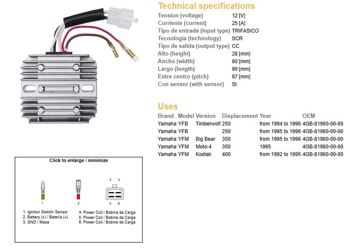 Regulator napięcia Yamaha YFB 250 Timberwolf, YFM 350 Big Bear, YFM 400 Kodiak 4GB-81960-00-00 DZE | 2339-01