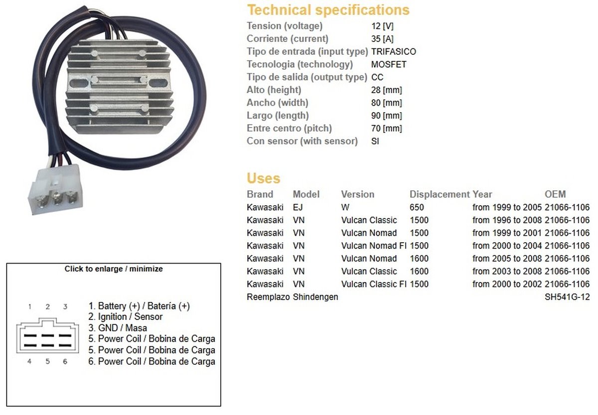 DZE Regulator napięcia Kawasaki W 650, VN 1500 Vulcan, VN 1600 (21066-1106) (ESR264) (SH541G-12) | 2498-01