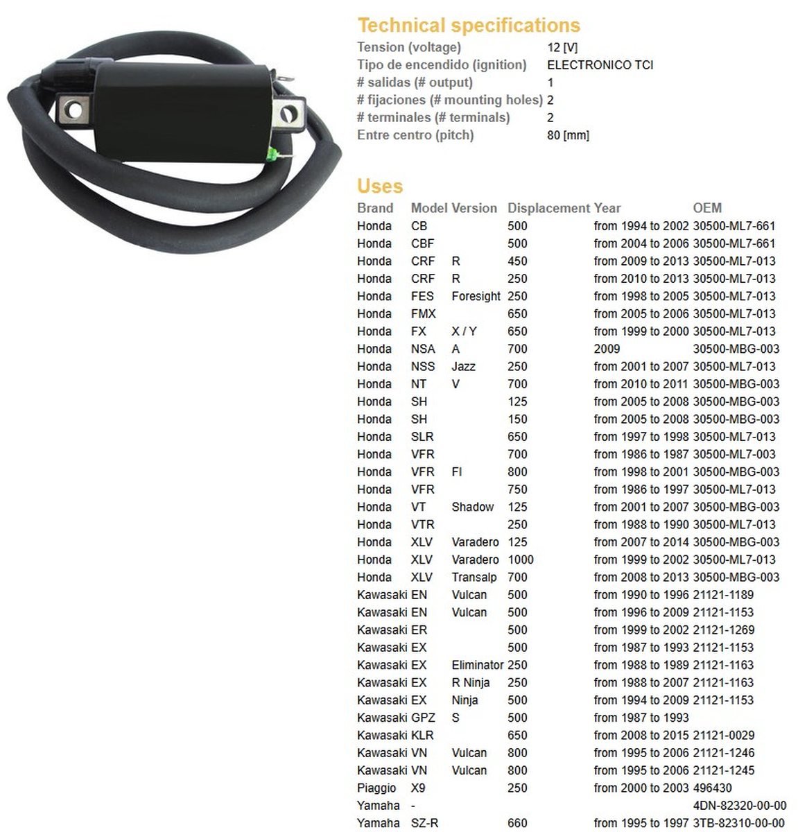 Cewka zapłonowa Honda CB/CBF/FES/NSA/NSS / NT/SH/VFR/XLV, Kawasaki EN/ER/EX/GPZ/KLR/VN, Yamaha XT/XV DZE | 4062-01