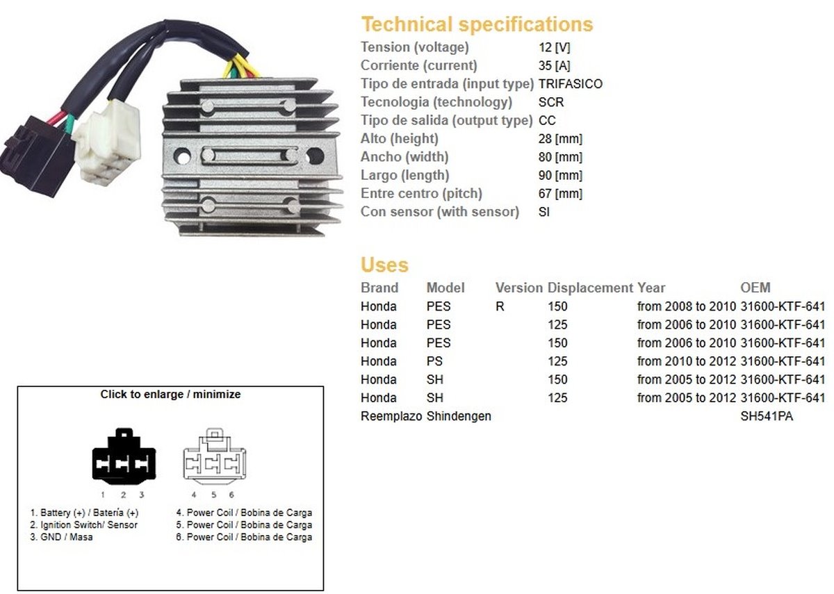 DZE Regulator napięcia Honda SH 125/150 (35A) (31600-KTF-641) (SH541PA) (ESR910) | 2530-01