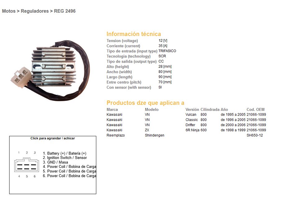 DZE Regulator napięcia Kawasaki VN 800 Vulkan, VN 800 Classic, VN 800 Drifter, ZX6R (35A) (ESR263) (OEM:21066-1099) (SH650-12) | 2496-01