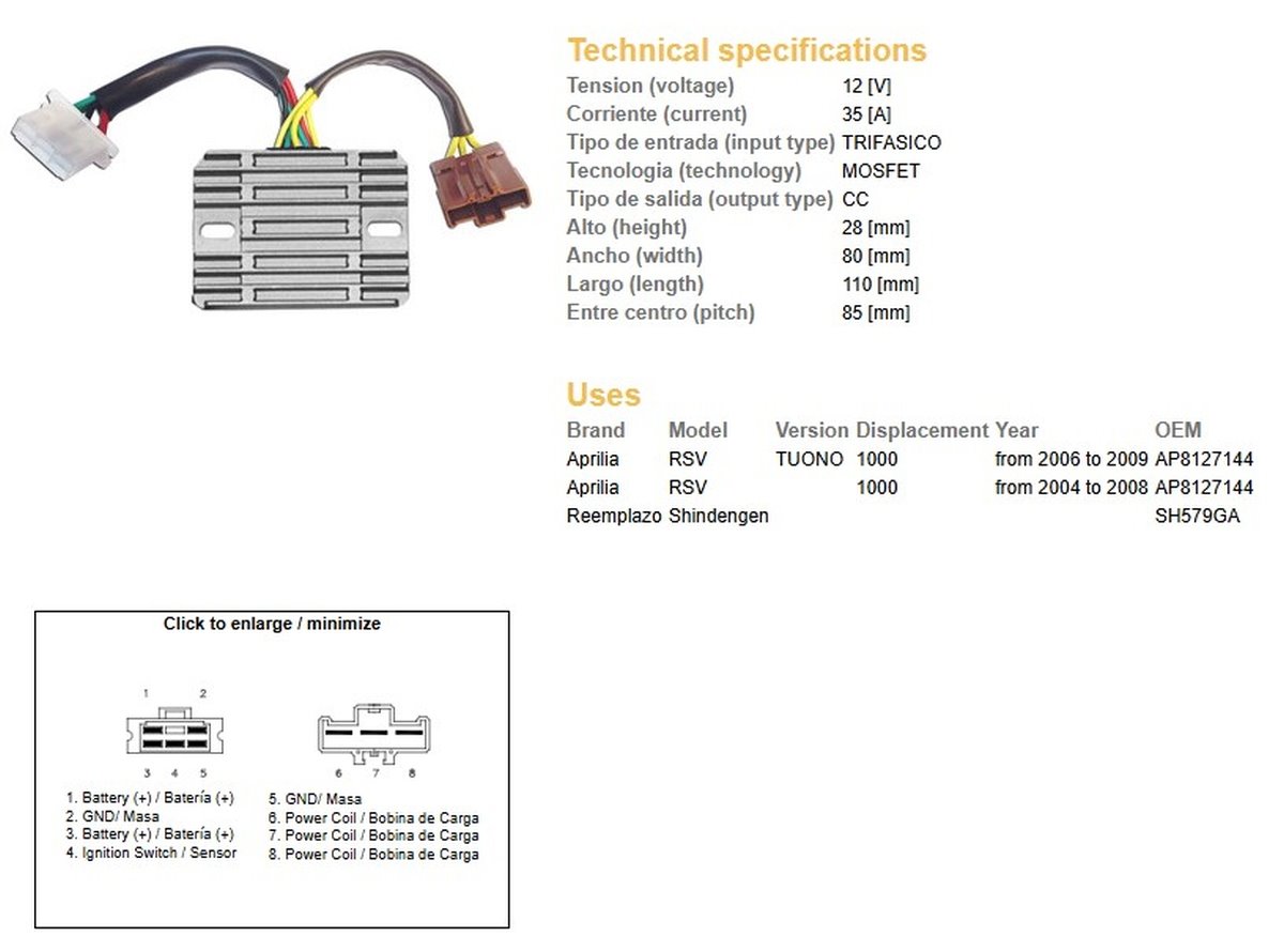 DZE Regulator napięcia Aprilia RSV 1000, Tuono 1000 (SH579GA) (AP8127144) (ESR549) | 2492-01