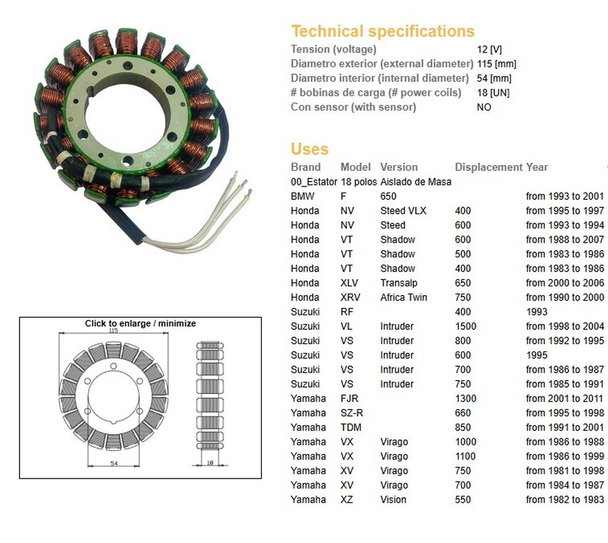 Uzwojenie alternatora (Stator) BMW F 650, Honda VT 500/600, XL 650V Transalp, XRV 750 Africa Twin, Suzuki VS 600/700/750 Intruder, VL 1500 Intruder, Yamaha TDM 850, XV 700/750/1000/1100 V DZE | 2890-01