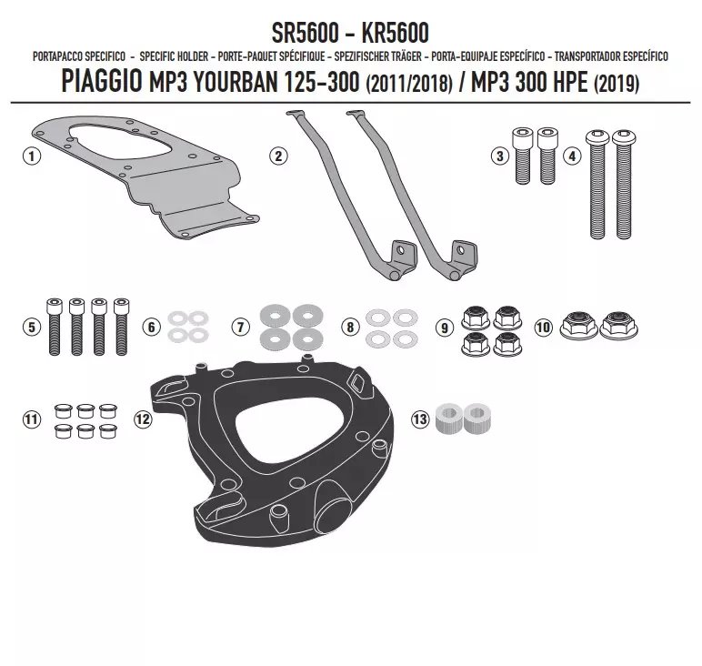Stelaż kufra centralnego Piaggio MP3 Yourban 125 300, HPE 300 z płytą Monokey Kappa | KR5600