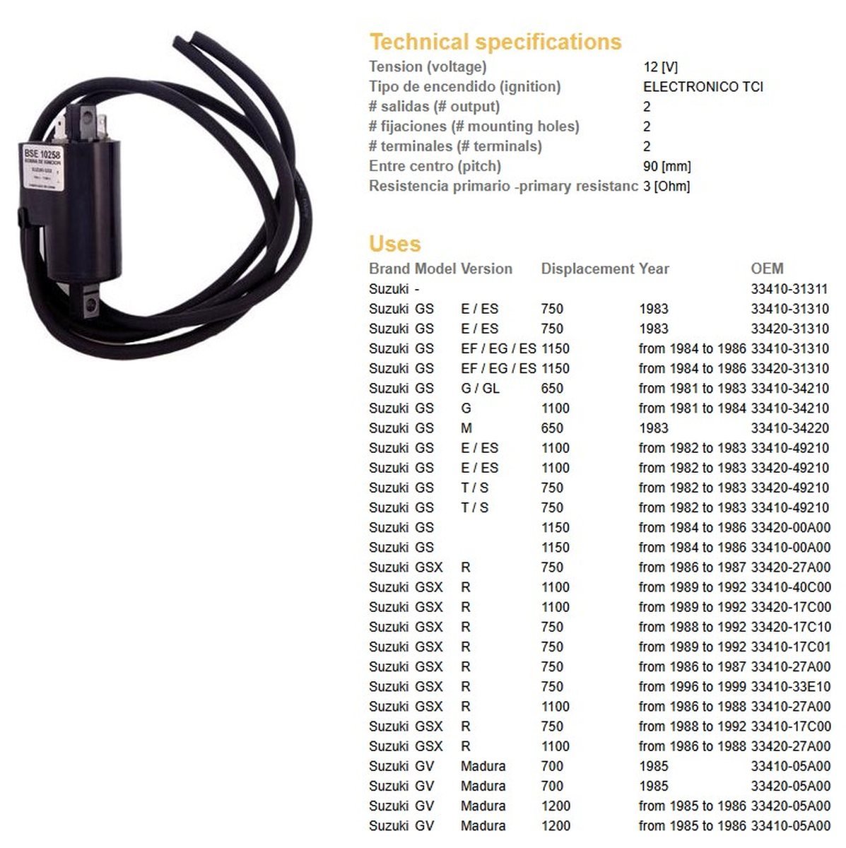 Cewka zapłonowa Suzuki GS 650G/GL, GS 750E/ES, GS 1100E/ES, GS 1150EF/EG/ES, GSX 750R, GSX 1100R, GV 700/1200 Madura | 10258-01
