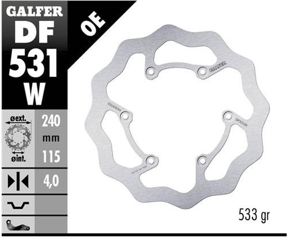 Tarcza hamulcowa tył Yamaha YZ 125, 250, 250F, 450F; Fantic XEF 125, XE 250, XEF 250/450 WAVE (240x115x4mm) Galfer | DF531W