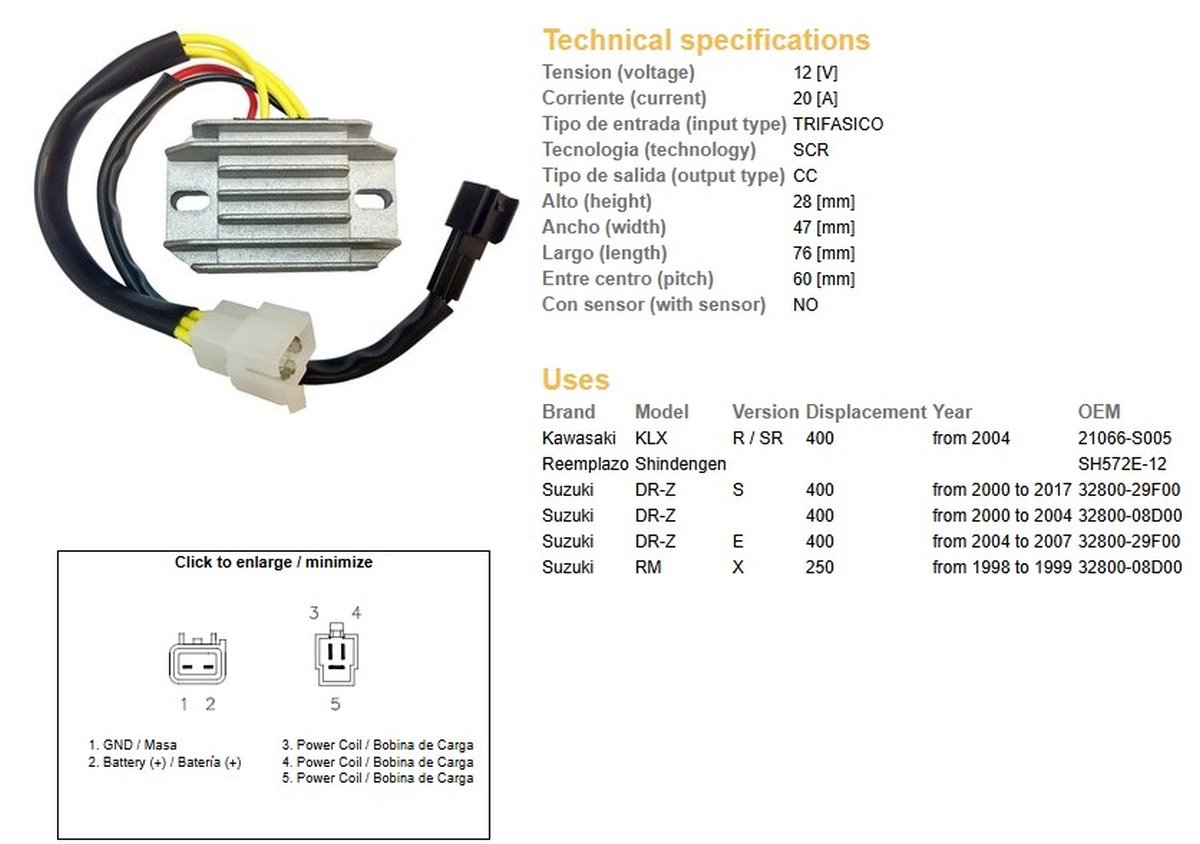 DZE Regulator napięcia Suzuki DRZ 400/E/S (DR-Z), Kawasaki KLX 400 (32800-29F00, 32800-08D00) (SH572E-12) (ESR105) | 2511-01