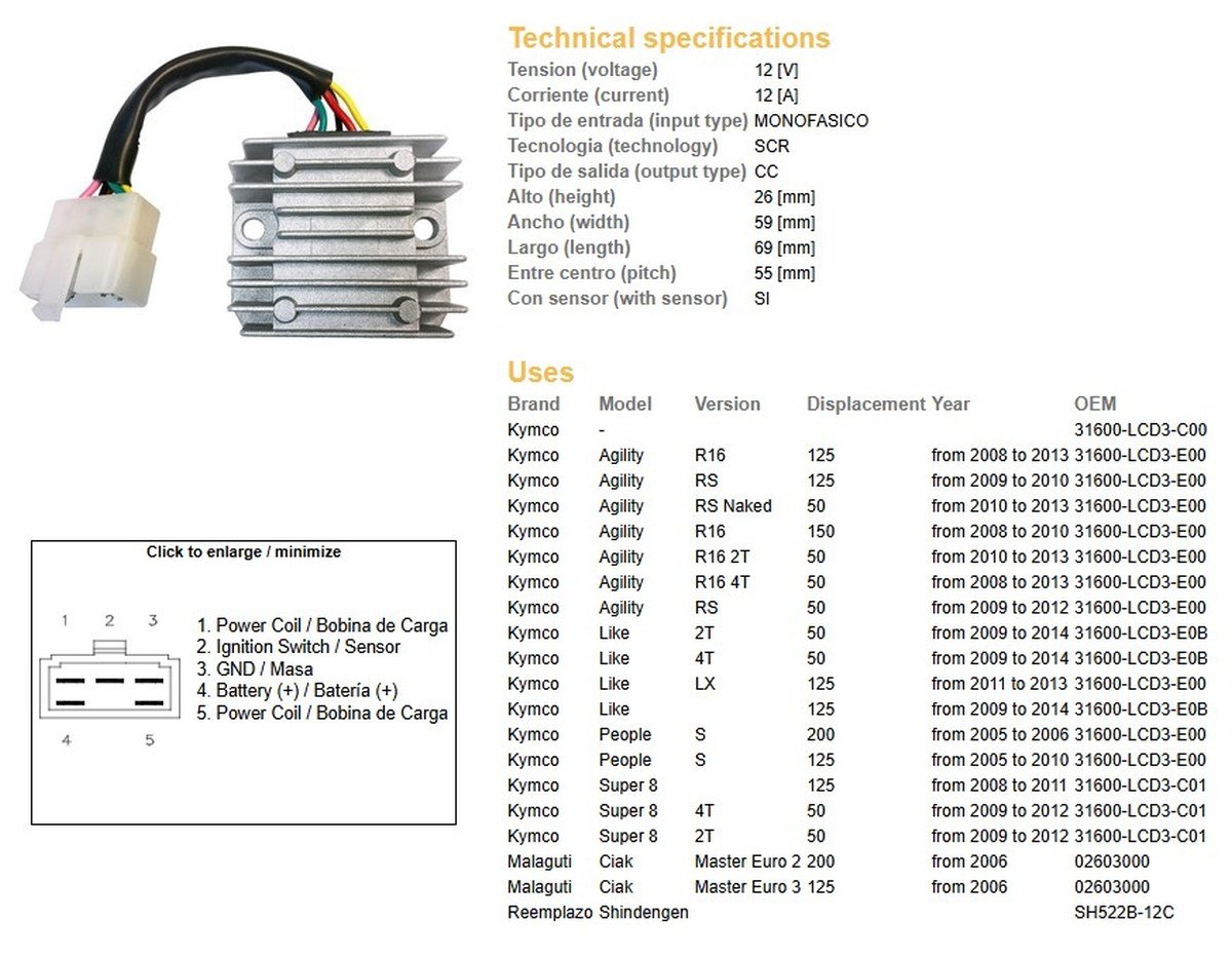 Regulator napięcia Kymco Agility 50/125/150, People 125/200, Super 8 50/125 OEM 31600-LCD3-C01 DZE | 2523-01