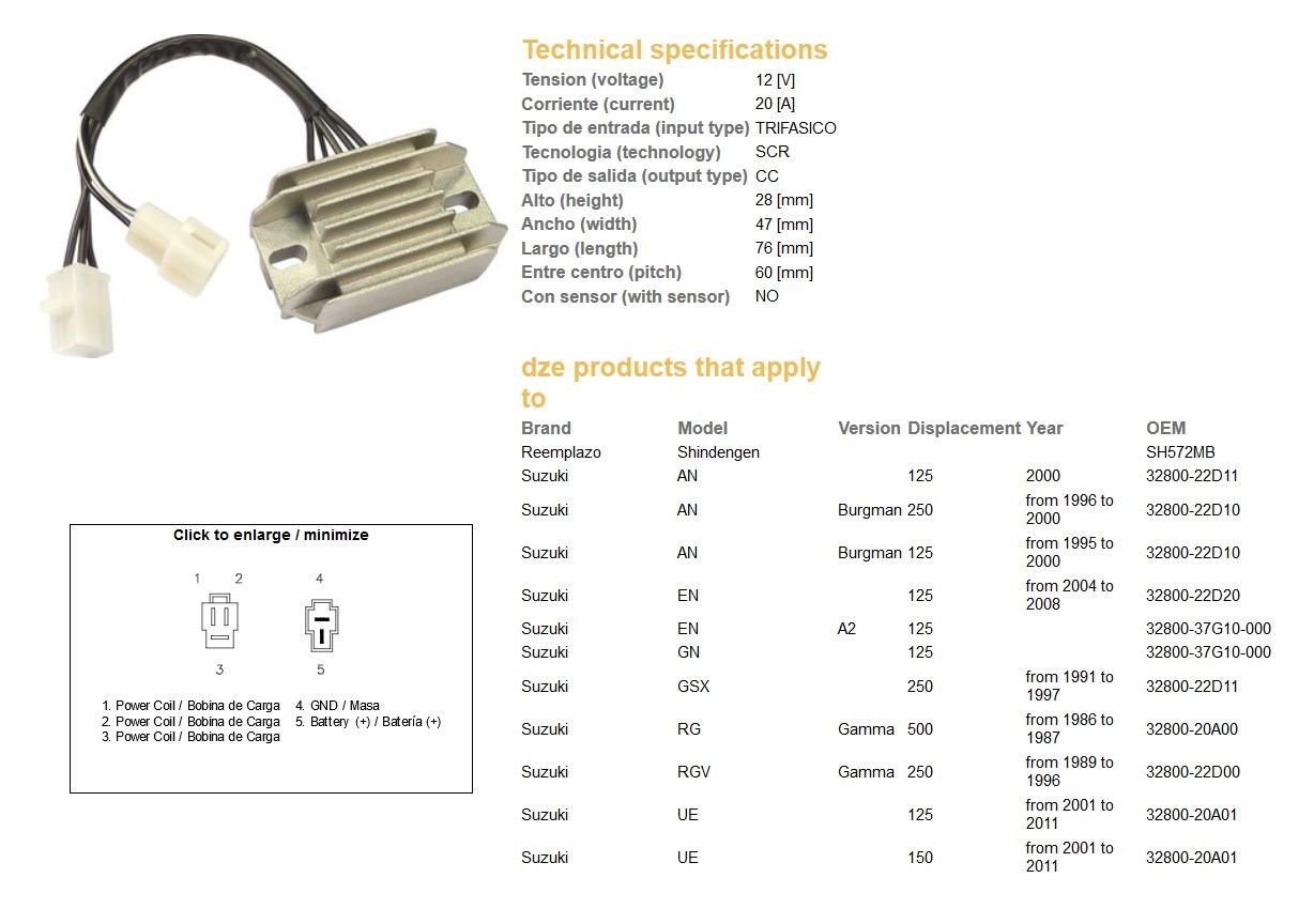 Dze Regulator Napięcia Suzuki AN 125/250 Burgman, EN 125, GN 125, UE 125/150 (12V/20A) | 2408-01