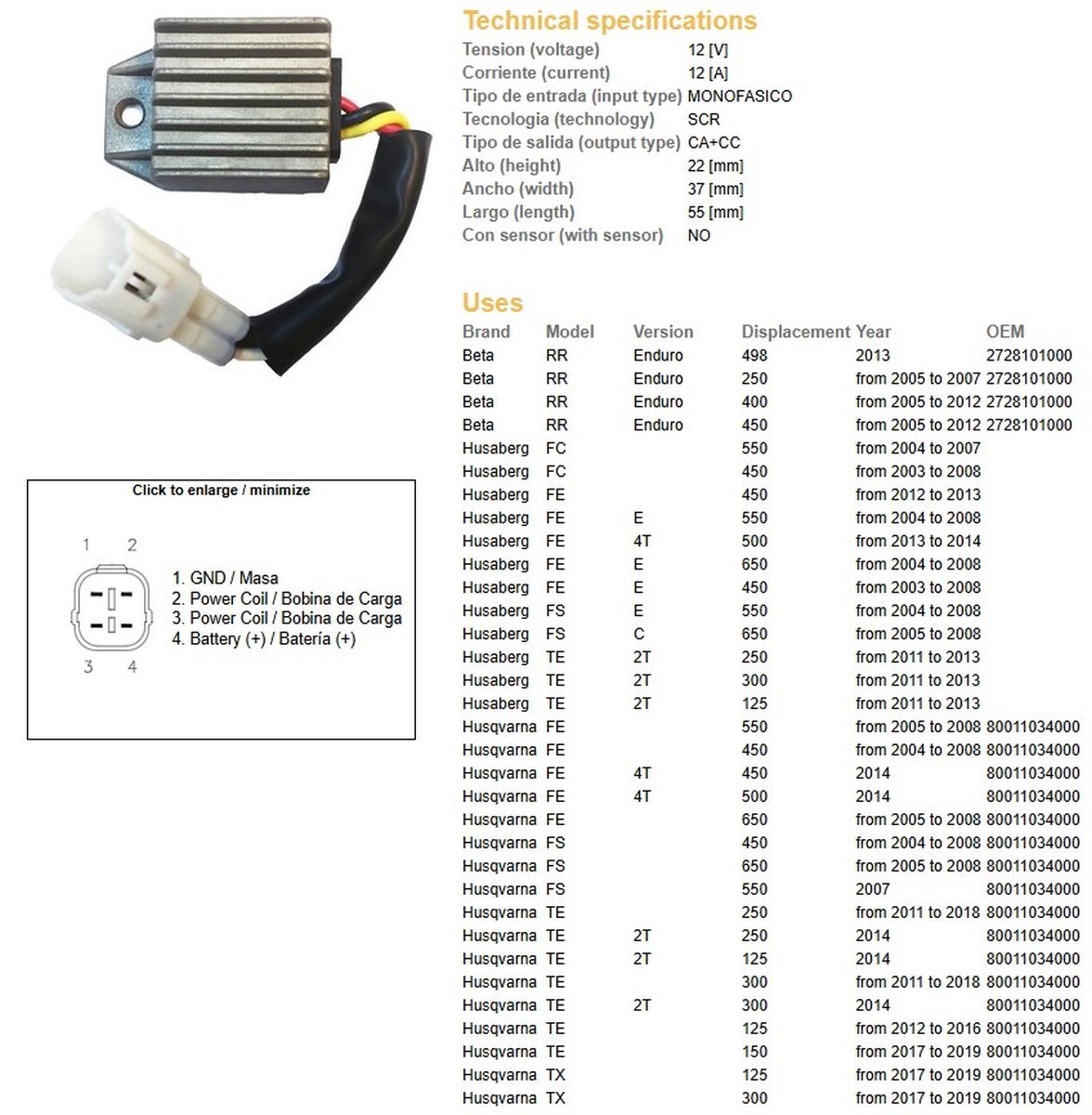 DZE Regulator napięcia KTM EXC 125/200/250/300/400 / 525/530, XC-W 250/450/525, Husqvarna TE/TX/FE/FC/FS 125/250/300/450/500 / 550/650, Beta 250/400/450/498 (80011034000) (12V/12A) (801103400) (SH721AA) | 2513-01