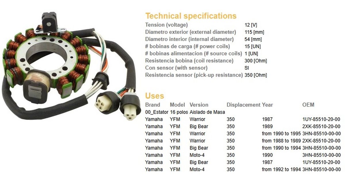 Uzwojenie alternatora (Stator) Yamaha YFM 350 Big Bear, Warrior DZE | 2913-01
