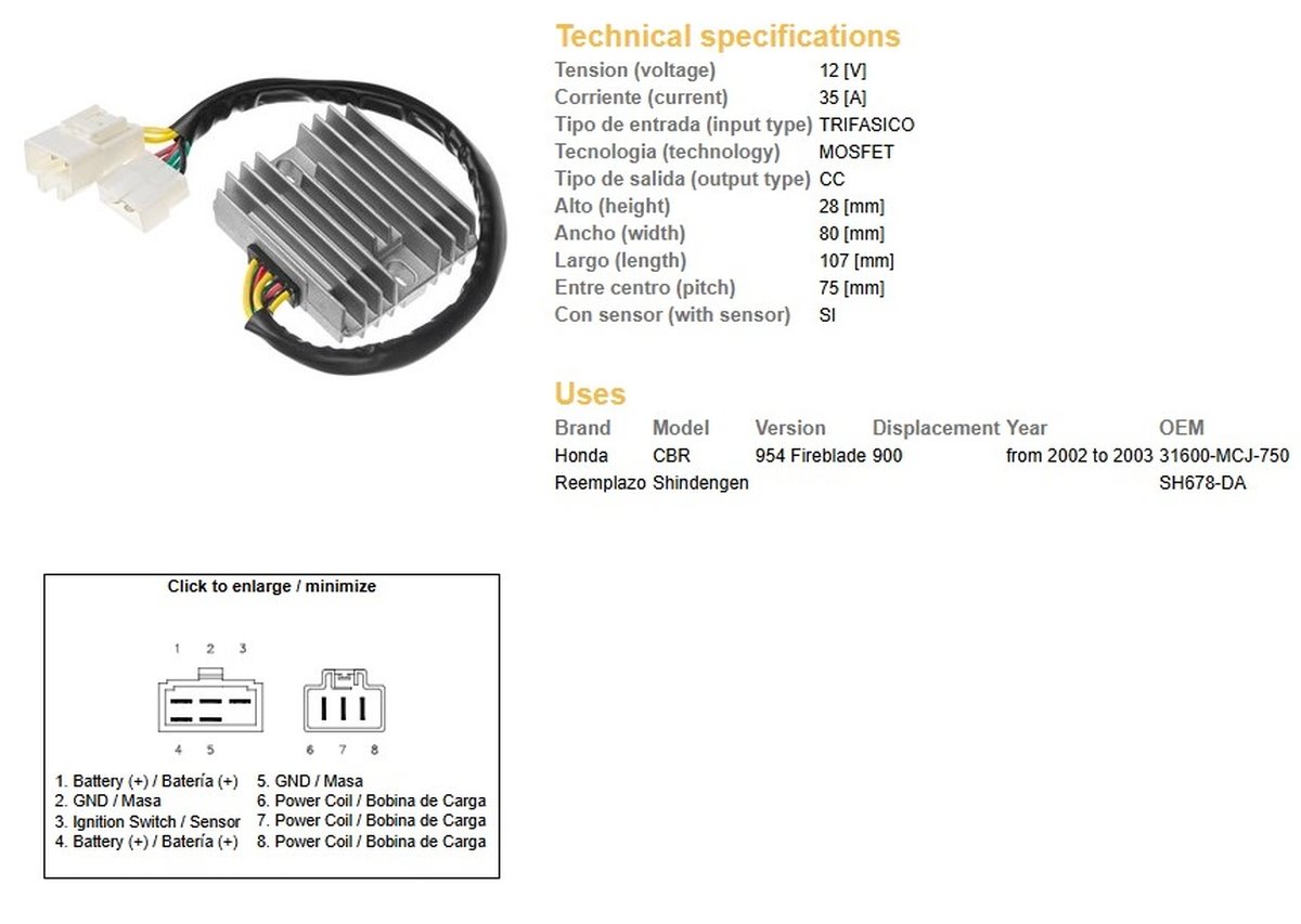 Dze Regulator Napięcia Honda CBR 900RR (CBR954) (35A) (ESR690) (SH678DA) | 2402-01