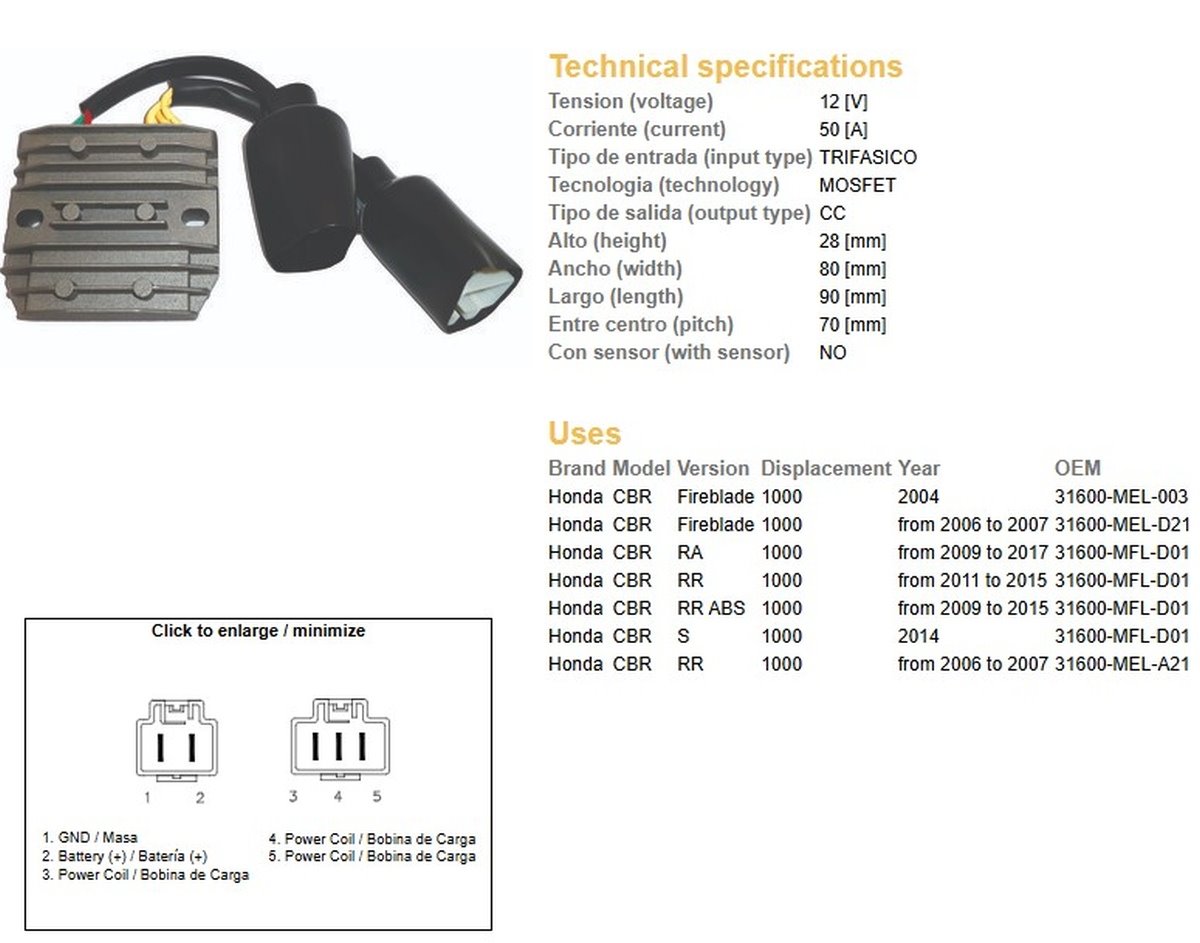 Dze Regulator Napięcia Honda CBR 1000RR Fireblade (50A) (ESR680) (ESR439) | 2416-01