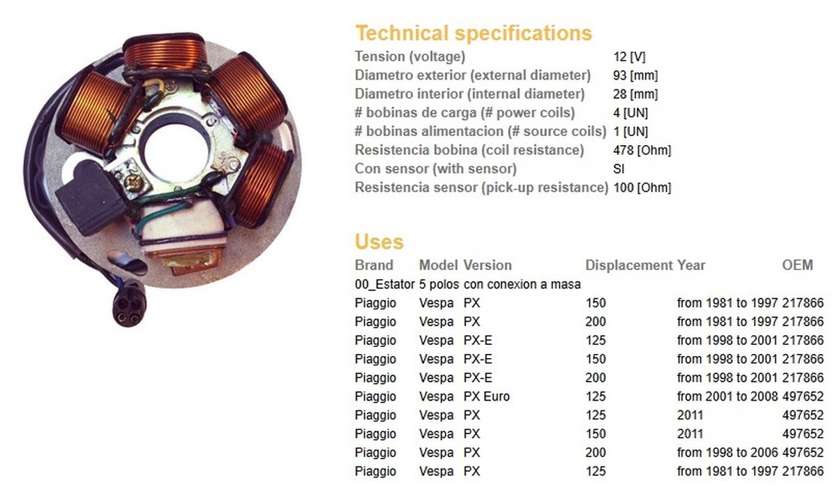Uzwojenie alternatora (stator) Piaggio Vespa PX 150/200, PX-E 125/150/200, PX 125 DZE | 2940-01