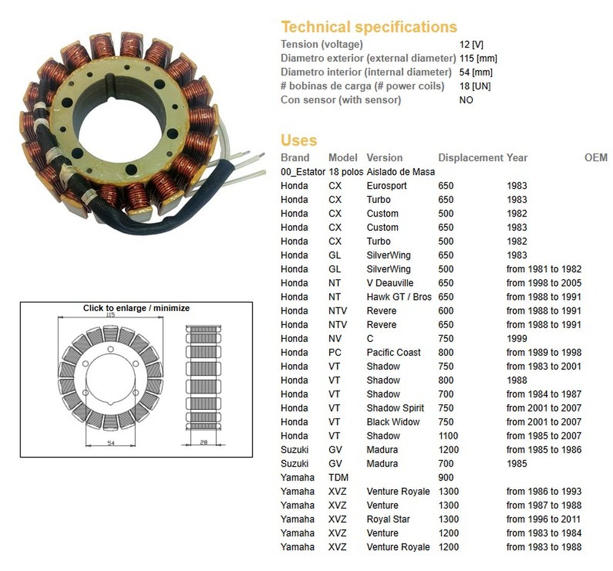 Uzwojenie alternatora (stator) Honda CX 500/650, GL 500/650, NT 650 Deauville, NTV 650 Revere, VT 700/750/1100; Suzuki 1200 Madura; Yamaha XVZ 1200/1300 Venture DZE | 2888-01