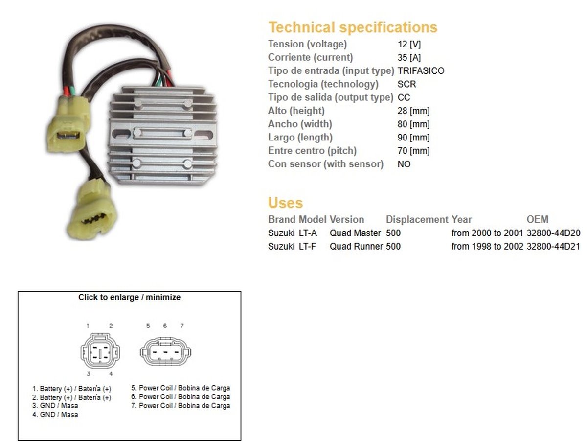 Regulator napięcia Suzuki LT-A QUAD MASTER 500, LT-F 500 QUAD RUNNER OEM 32800-44D20 / 32800-44D21 DZE | 2454-01