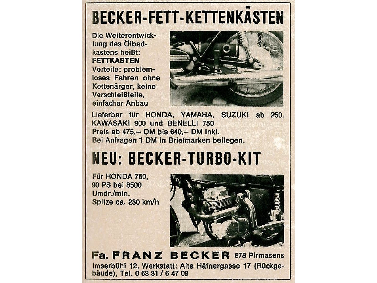 Ogłoszenie prasowe firmy Franz Becker z Pirmasens z 1976 roku reklamujące osłony łańcucha Fettkettenkasten i zestaw turbo do Hondy 750