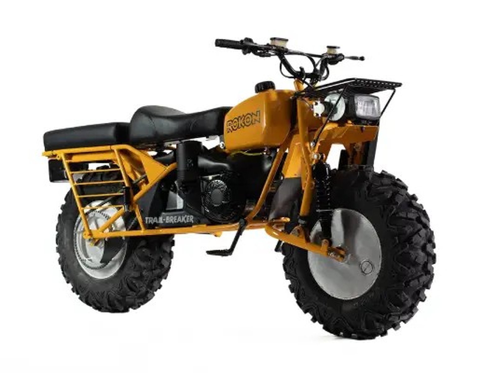 Rokon Trail-Breaker, żółty motocykl 2x2 z szerokimi oponami